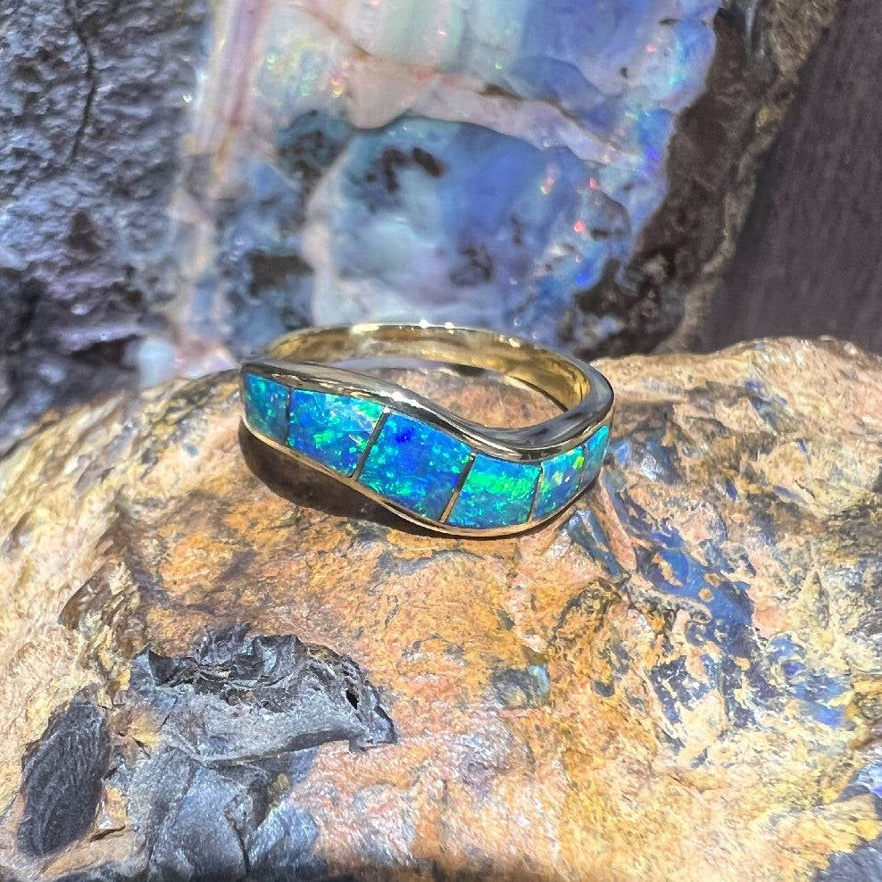 14kt Yellow Gold wave ring set with Opal inlayed - Masterpiece Jewellery Opal & Gems Sydney Australia | Online Shop