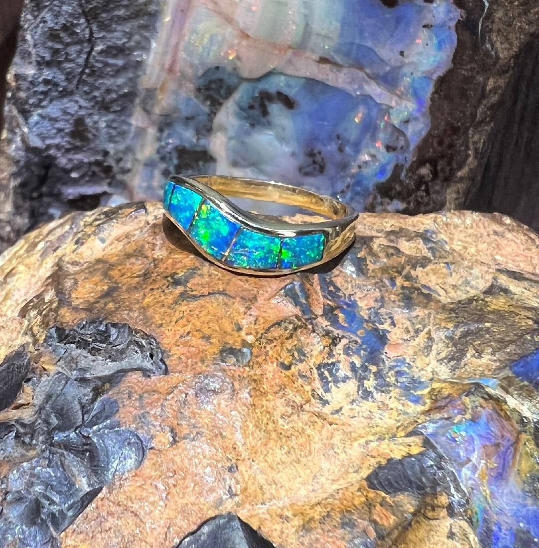 14kt Yellow Gold wave ring set with Opal inlayed - Masterpiece Jewellery Opal & Gems Sydney Australia | Online Shop