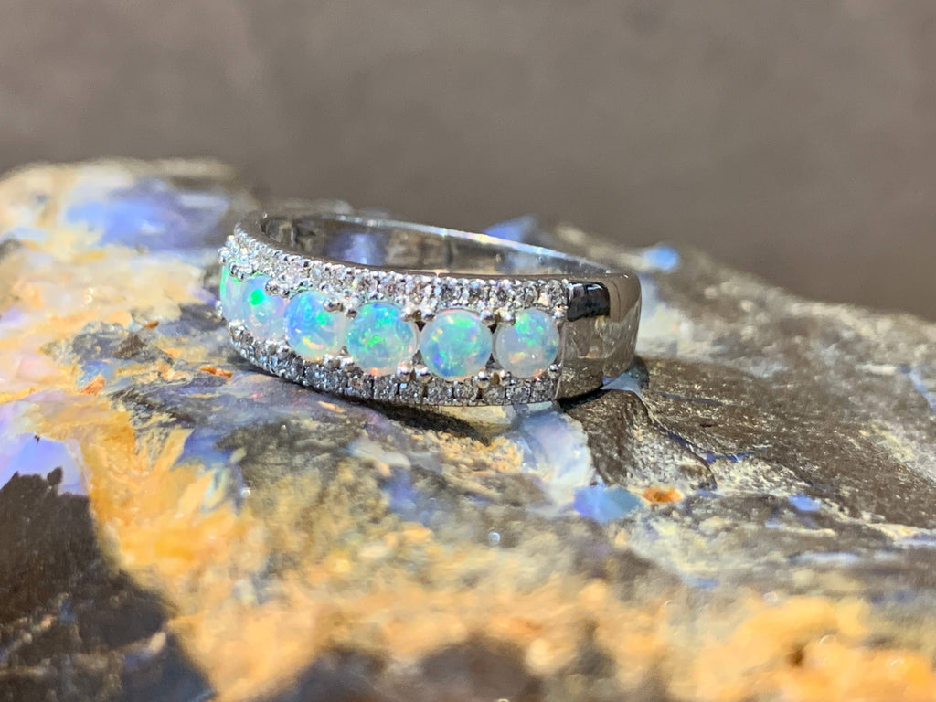 18kt White Gold 3 row eternity Opal and diamond ring - Masterpiece Jewellery Opal & Gems Sydney Australia | Online Shop