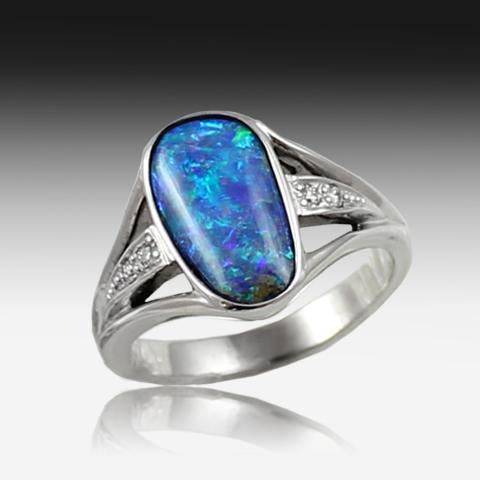 18KT WHITE GOLD BOULDER OPAL AND DIAMOND RING - Masterpiece Jewellery Opal & Gems Sydney Australia | Online Shop