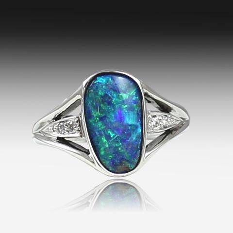 18KT WHITE GOLD BOULDER OPAL AND DIAMOND RING - Masterpiece Jewellery Opal & Gems Sydney Australia | Online Shop