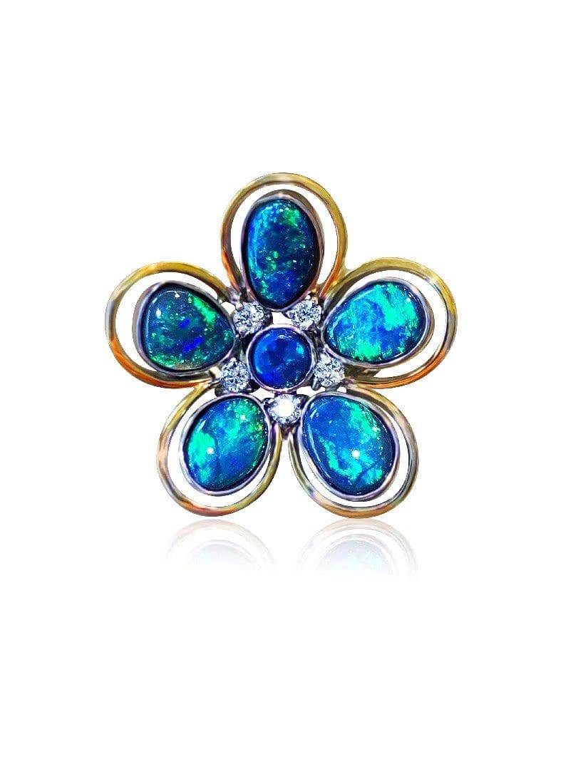 18kt Yellow and White Gold Black Opal floral designer ring - Masterpiece Jewellery Opal & Gems Sydney Australia | Online Shop