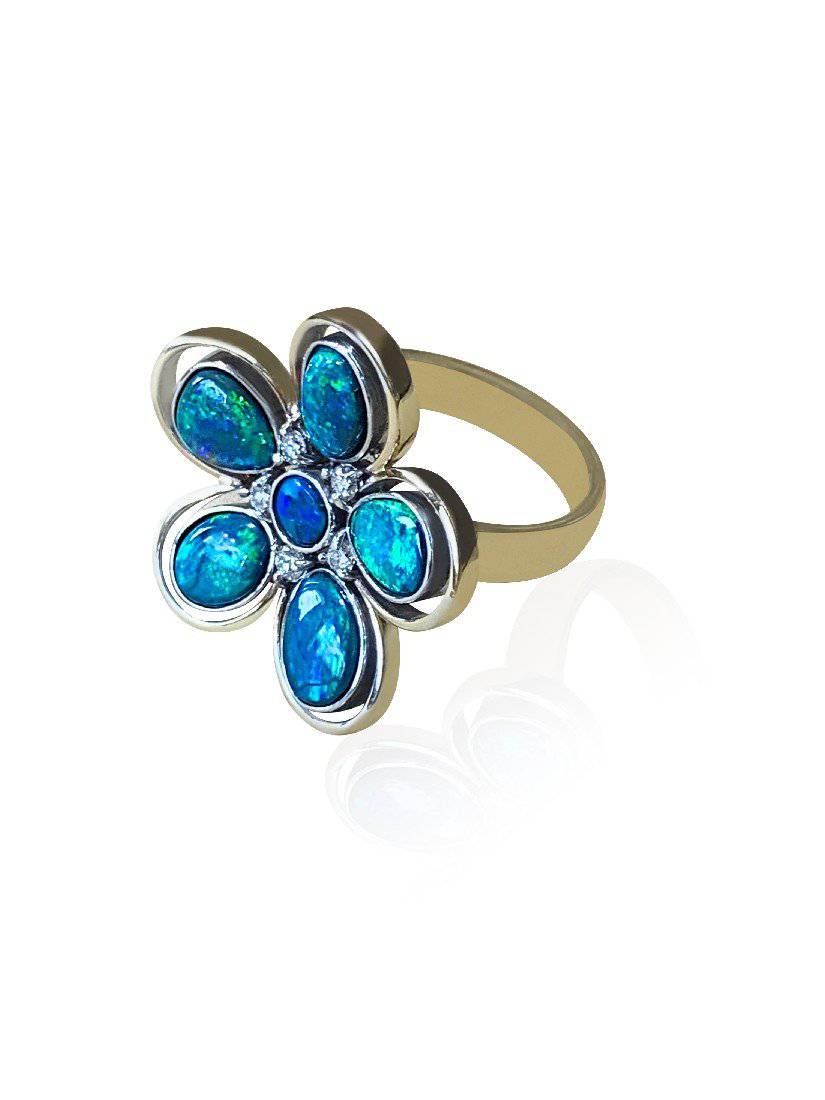 18kt Yellow and White Gold Black Opal floral designer ring - Masterpiece Jewellery Opal & Gems Sydney Australia | Online Shop