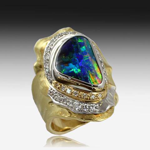 18KT YELLOW GOLD BOULDER OPAL AND DIAMOND RING - Masterpiece Jewellery Opal & Gems Sydney Australia | Online Shop