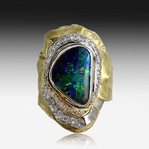 18KT YELLOW GOLD BOULDER OPAL AND DIAMOND RING - Masterpiece Jewellery Opal & Gems Sydney Australia | Online Shop