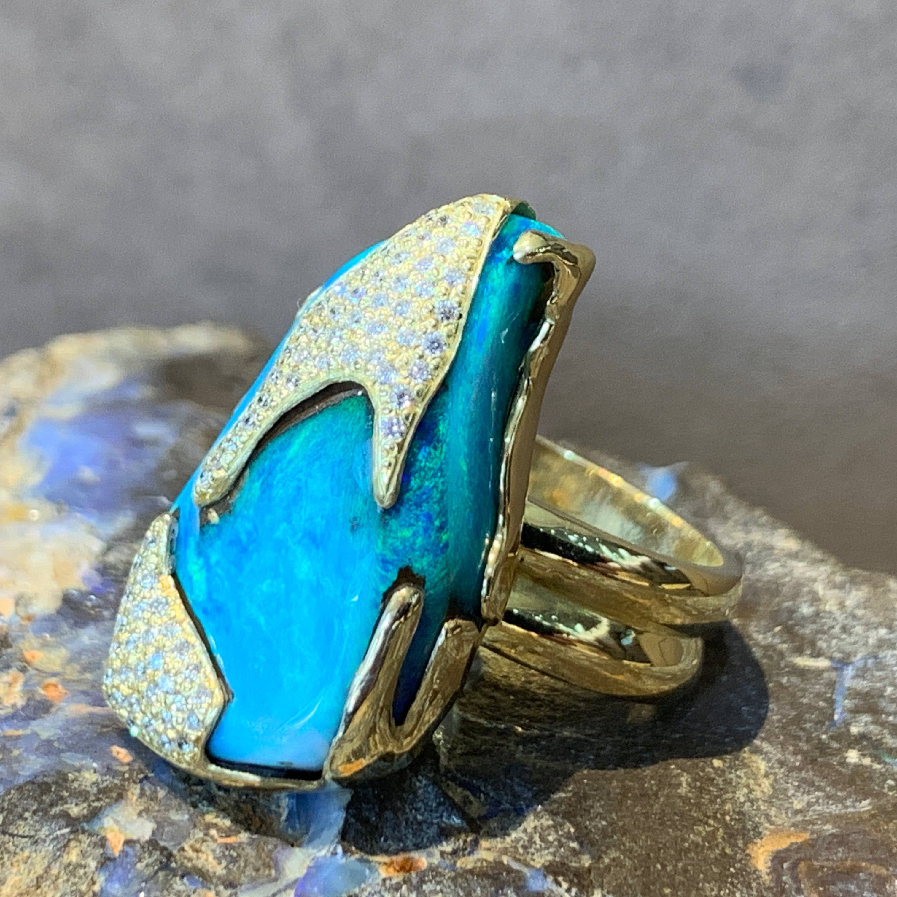 18kt Yellow Gold Boulder Opal diamond ring - Masterpiece Jewellery Opal & Gems Sydney Australia | Online Shop
