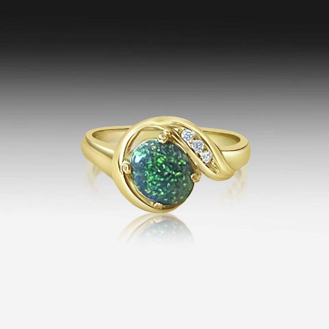 18kt Yellow Gold cross over design Black Opal and Diamond ring - Masterpiece Jewellery Opal & Gems Sydney Australia | Online Shop