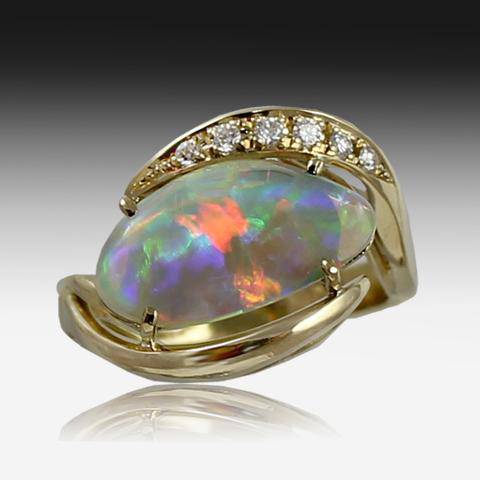 18KT YELLOW GOLD OPAL AND DIAMOND RING - Masterpiece Jewellery Opal & Gems Sydney Australia | Online Shop