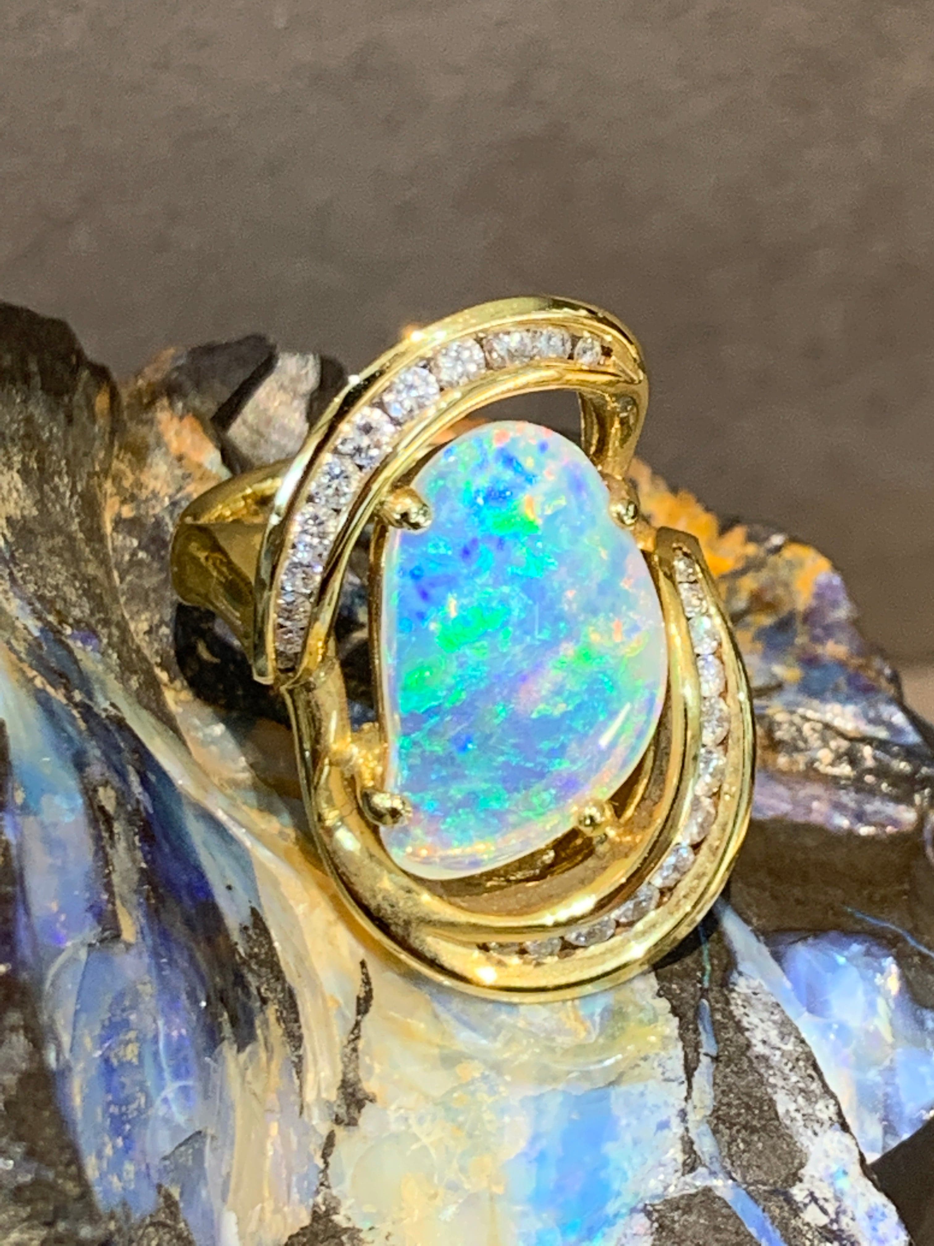 18kt Yellow Gold Opal and Diamond ring - Masterpiece Jewellery Opal & Gems Sydney Australia | Online Shop