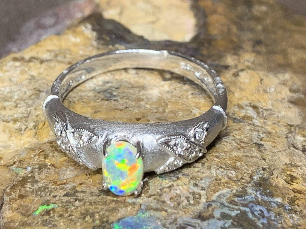 18kt White Gold Crystal Opal and Diamond ring - Masterpiece Jewellery Opal & Gems Sydney Australia | Online Shop