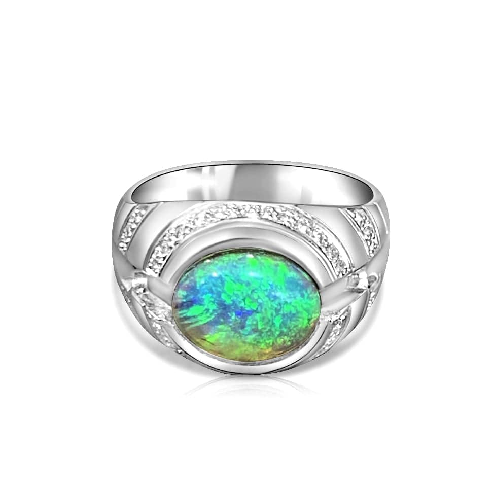 One 18kt White Gold designer ring with Black Crystal Opal and Diamonds - Masterpiece Jewellery Opal & Gems Sydney Australia | Online Shop
