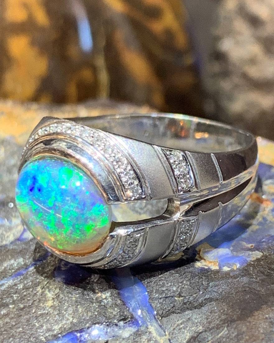 One 18kt White Gold designer ring with Black Crystal Opal and Diamonds - Masterpiece Jewellery Opal & Gems Sydney Australia | Online Shop