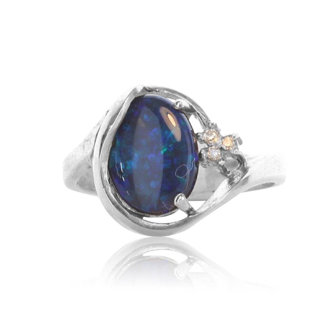 Sterling Silver Black Opal and diamond ring - Masterpiece Jewellery Opal & Gems Sydney Australia | Online Shop