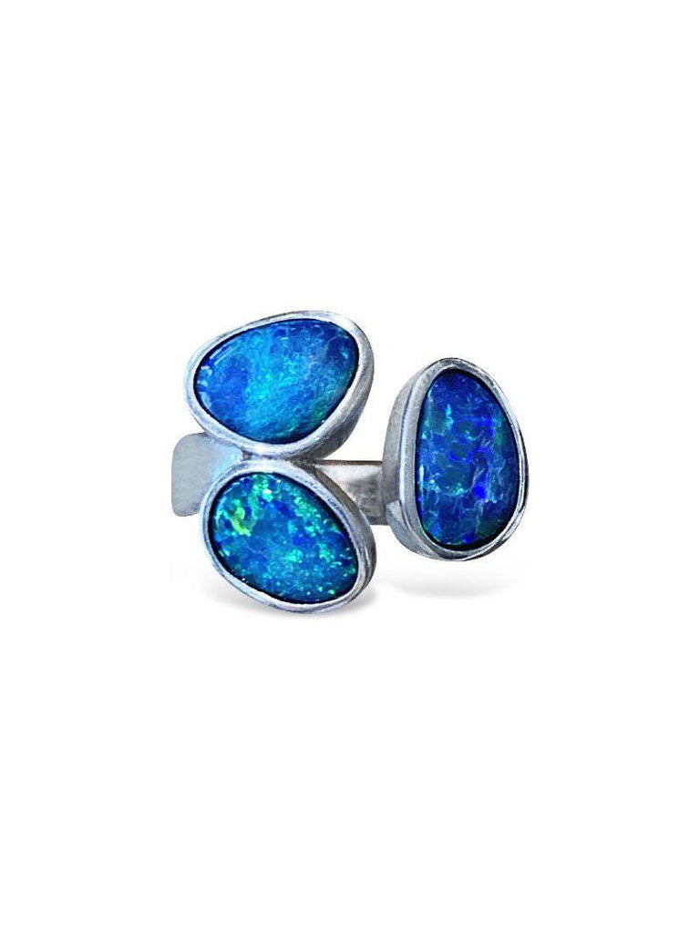 Sterling Silver ring set with 3 Black Opals matt finish - Masterpiece Jewellery Opal & Gems Sydney Australia | Online Shop