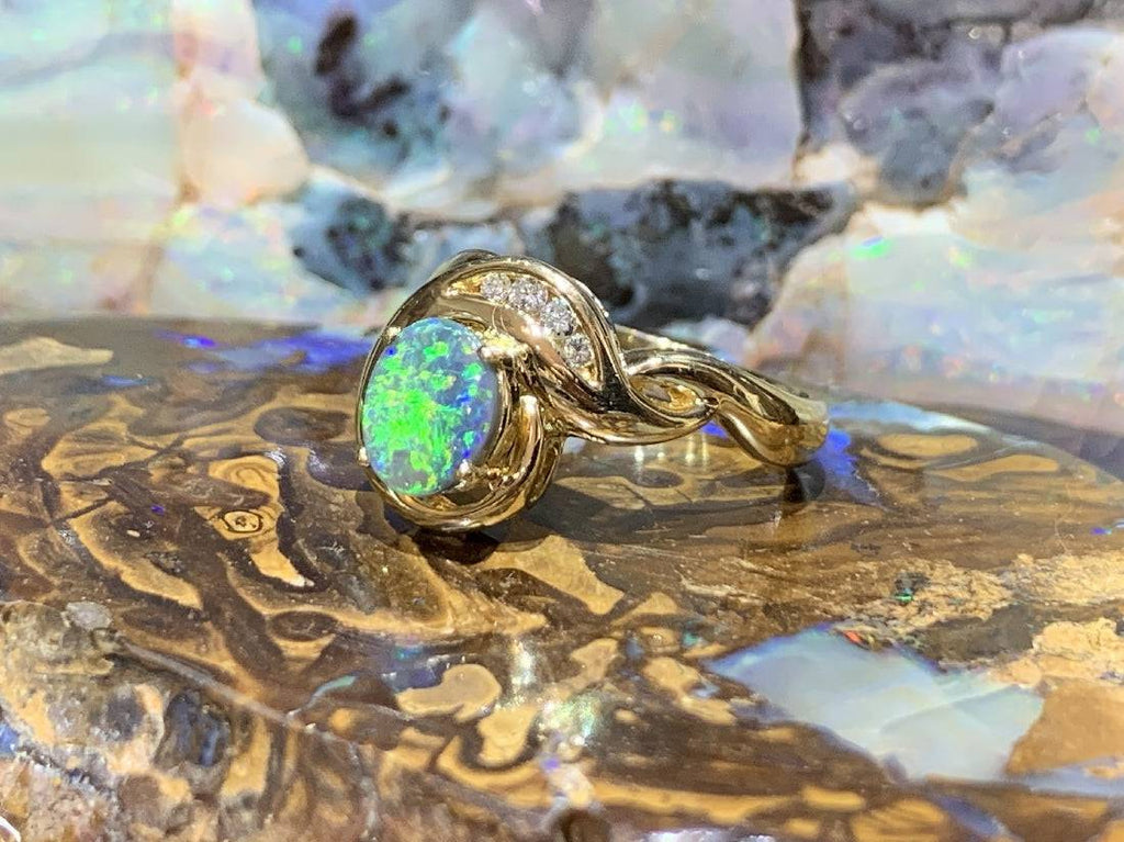 18kt Yellow Gold Black Opal and DIamond ring - Masterpiece Jewellery Opal & Gems Sydney Australia | Online Shop