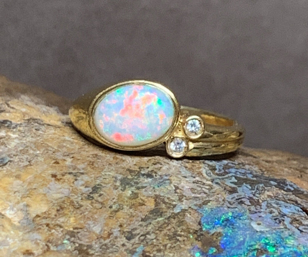 18kt Yellow Gold White Opal and Diamond ring - Masterpiece Jewellery Opal & Gems Sydney Australia | Online Shop