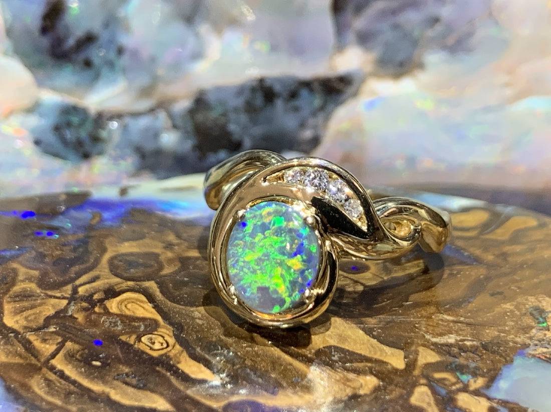 Classic Australian Black Opal & Diamond Engagement Ring, 18K Yellow Gold, Teardrop Halo