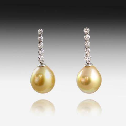 18KT WHITE GOLD DIAMOND EARRINGS WITH GOLDEN PEARLS - Masterpiece Jewellery Opal & Gems Sydney Australia | Online Shop