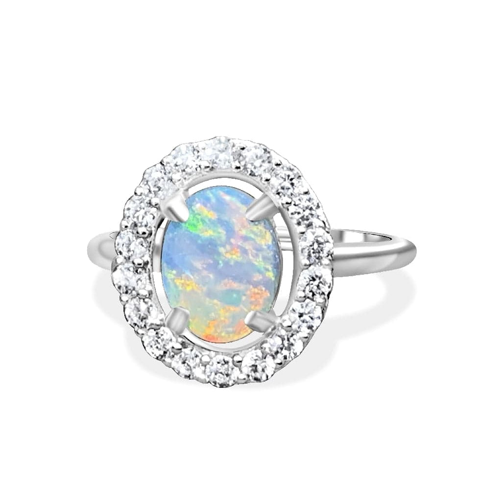 Sterling Silver White Opal Halo ring - Masterpiece Jewellery Opal & Gems Sydney Australia | Online Shop